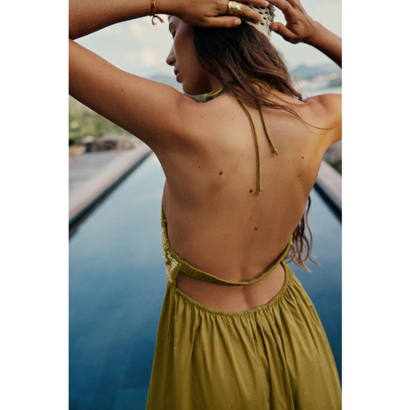 ZARA Granny Square Crochet Dress Halter Ruffle Knit Beaded Midi Green NWT - Picture 2 of 8